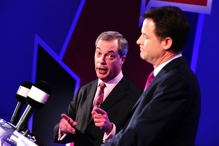<strong>Farage (left) and Clegg (right) during a series of debates about the EU in 2014</strong>