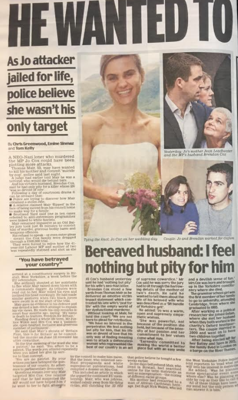 Some of the Daily Mail coverage of Jo Cox's murder, which began on page 30 