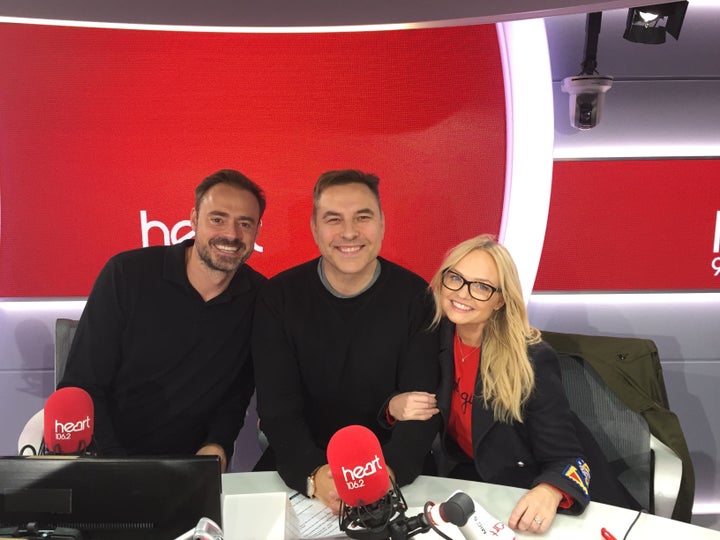 David with Heart Breakfast hosts Jamie Theakston and Emma Bunton.