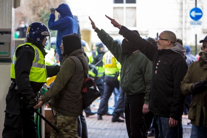 <strong>Fascist demonstrators show the Nazi salute in Dover during clashes with anti-Fascist demonstrators</strong>