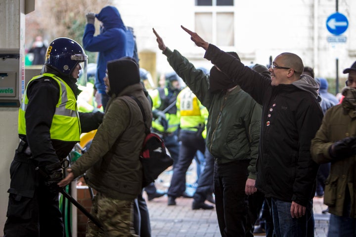 <strong>Fascist demonstrators show the Nazi salute in Dover during clashes with anti-Fascist demonstrators</strong>