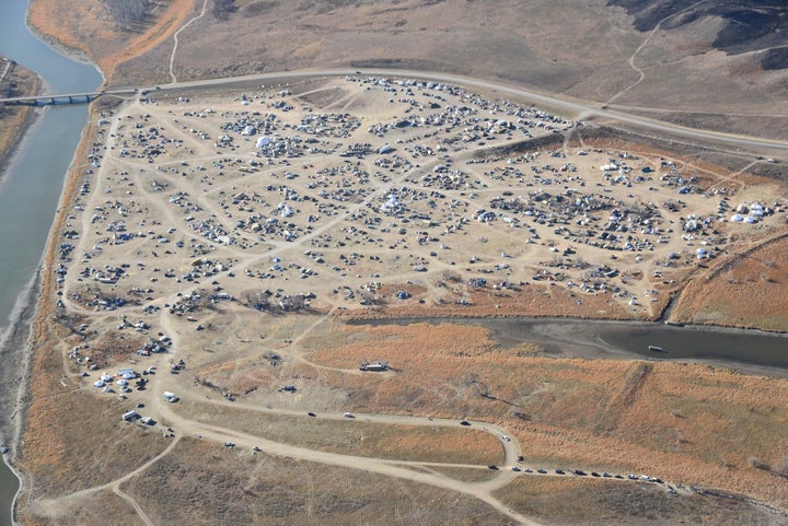 Dakota Access Pipeline protesters are seen in this aerial shot of the Oceti Sakowin campground near the town of Cannon Ball,