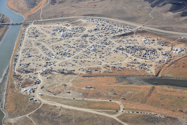 Dakota Access Pipeline protesters are seen in this aerial shot of the Oceti Sakowin campground near the town of Cannon Ball, North Dakota, on Nov. 19.