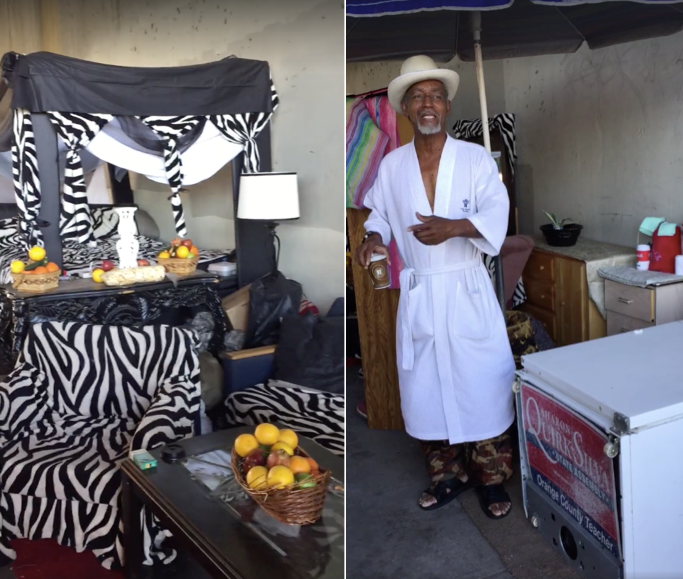 A man gives a tour of a compound beneath a Los Angeles freeway that features a toilet, makeshift bathtubs and beds.