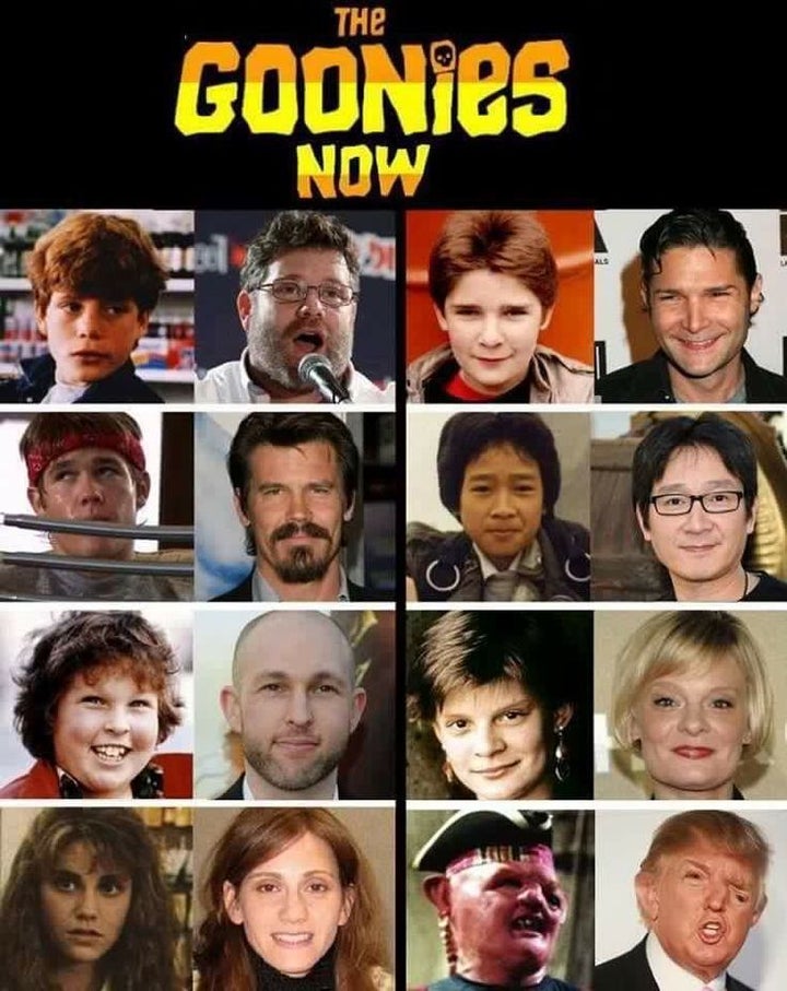 A side-by-side image labeled “The Goonies Now” it shows then and now photos of the cast of the 1985 film The Goonies until the final comparison which shows a picture of the character Sloth who has an intellectual disability and facial disfigurement, it is shown next to a photoshopped image of Trump who has been changed to feature the same disfigurement.