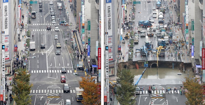 A side-by-side image of the sinkhole and the repaired road.