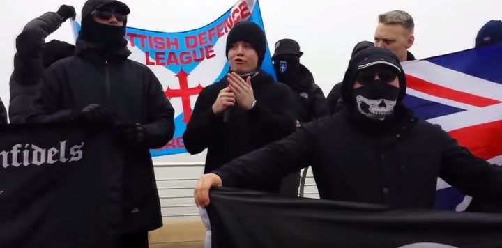 <strong>Jack Renshaw pictured centre during a demonstration in Blackpool is being investigating for inciting racial hatred</strong>