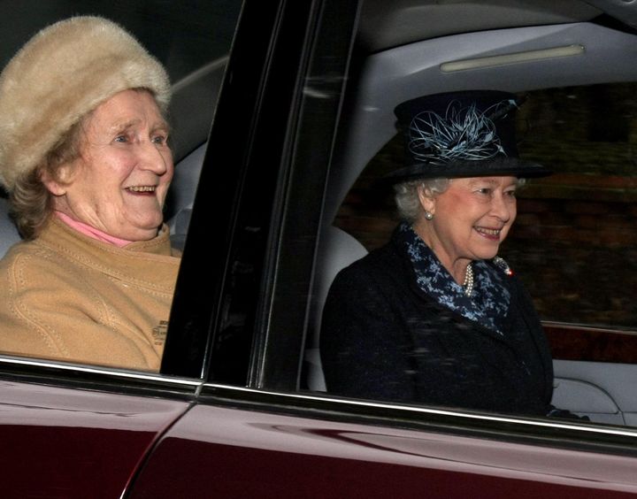 <strong>Mrs Rhodes and the Queen leaving St Mary Magdalene's Church on the Sandringham Estate</strong>