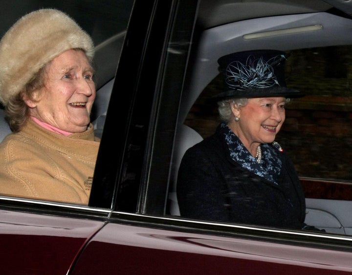 Mrs Rhodes and the Queen leaving St Mary Magdalene's Church on the Sandringham Estate