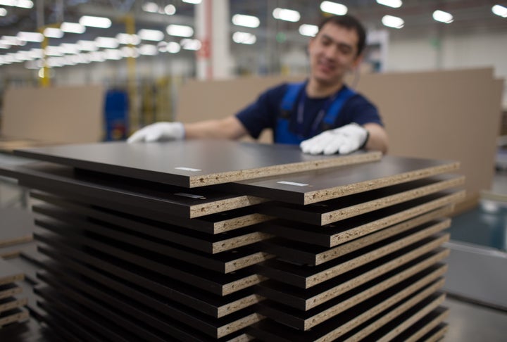 Raw materials: Wood stacked inside an Ikea factory in Russia in September.