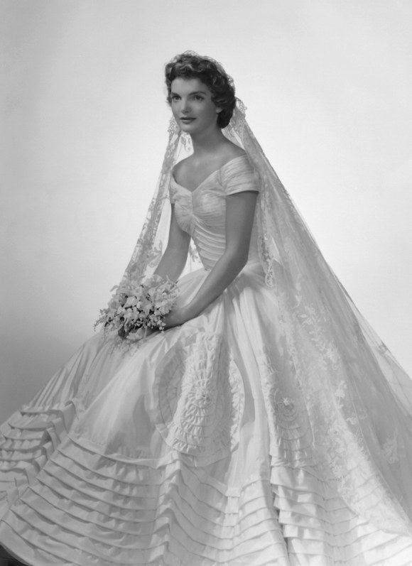 <p>Jackie Kennedy wearing her wedding dress designed by Ann Lowe.</p>