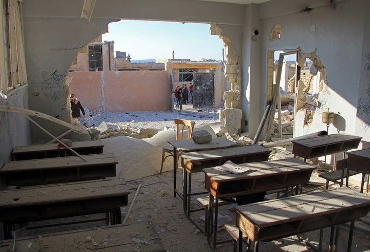 A damaged classroom at the school in Haas that was destroyed by an Oct. 26 airstrike.