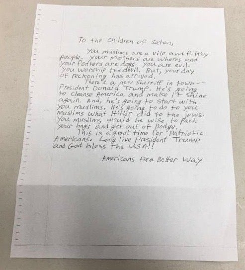 <p>Hate letter sent to local Mosque </p>