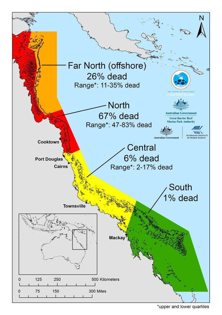 A map of die-offs documented by the ARC Centre.