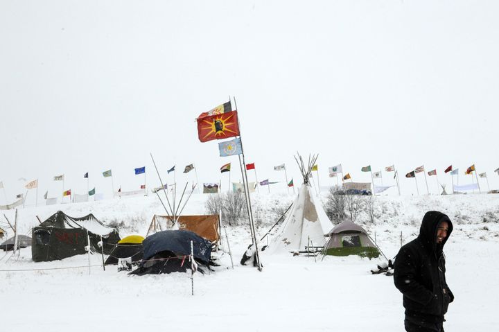 Snow blankets the Oceti Sakowin camp, site of protests against construction of the Dakota Access Pipeline near the Standing Rock Indian Reservation near Cannon Ball, North Dakota.