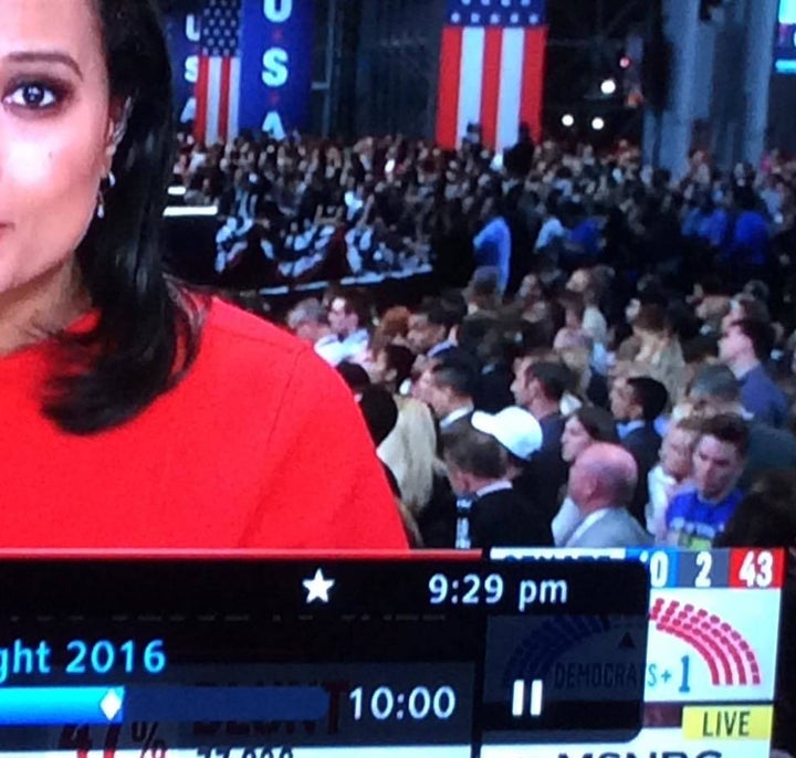 <p>MSNBC, November 8. I'm in the bottom right-hand corner, blue T-shirt. The screengrab captures the exact moment I turned to leave the audience of the would-be victory stage at the Javits Center.</p>