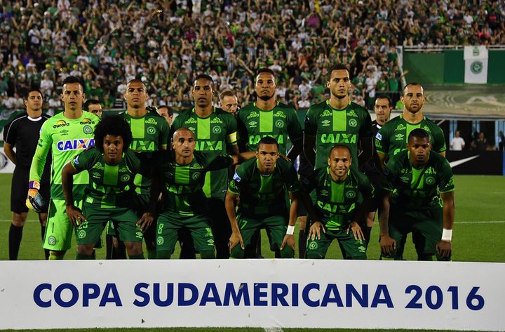 Chapecoense players pose for pictures during their 2016 Copa Sudamericana semifinal against Argentinas San Lorenzo in Chapeco Brazil on November 23