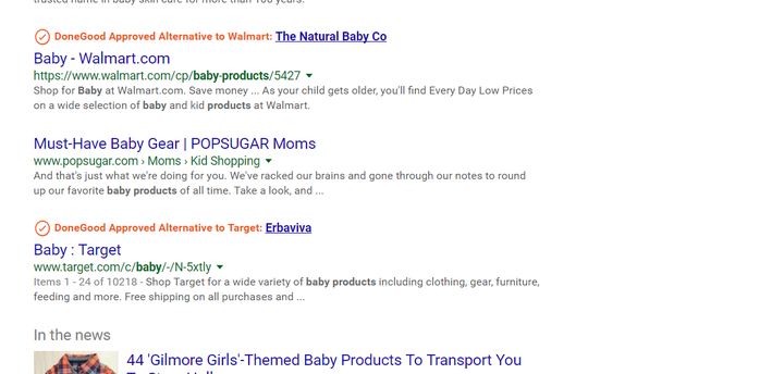 What a Google search result will look like after you install DoneGood.