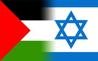 A hypothetical rendering of the flag that might one day represent the Israel-Palestine confederation, in addition to the distinct national symbols for each of the states.