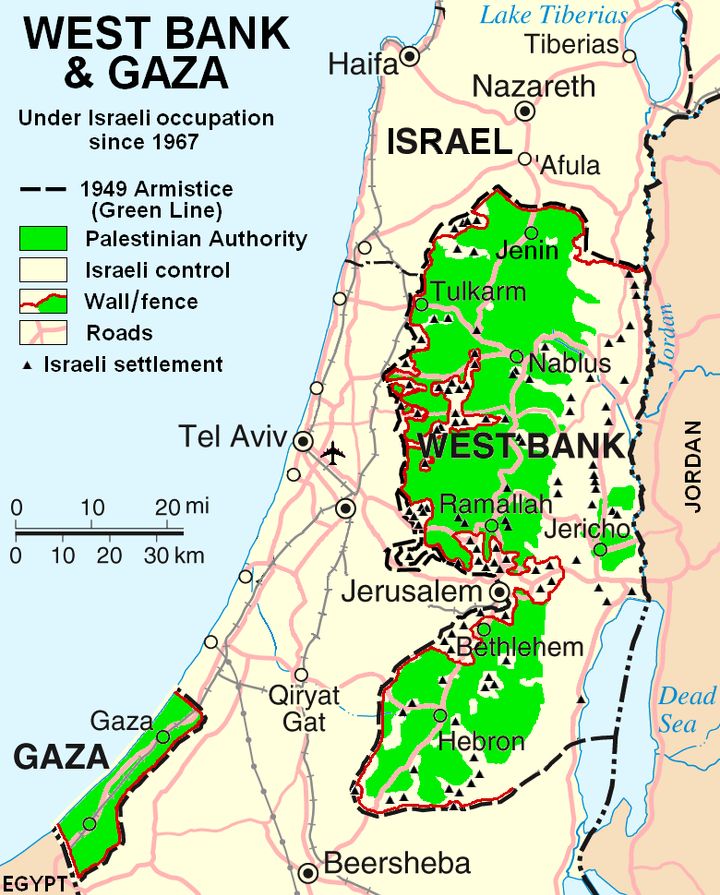 Map from 2007 illustrating the limited autonomy of Palestinian areas in the West Bank and Gaza Strip.