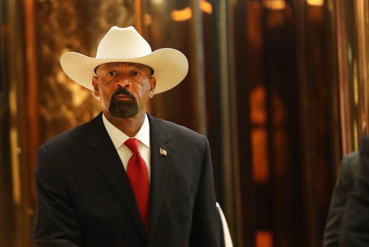 Milwaukee County Sheriff David Clarke leaves Trump Tower on Monday. Clarke is reportedly in the running to lead the Department of Homeland Security.