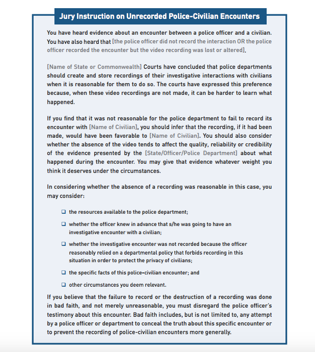 The proposed jury instructions for any case involving an incident that wasn't recorded by body cameras, but should have been.