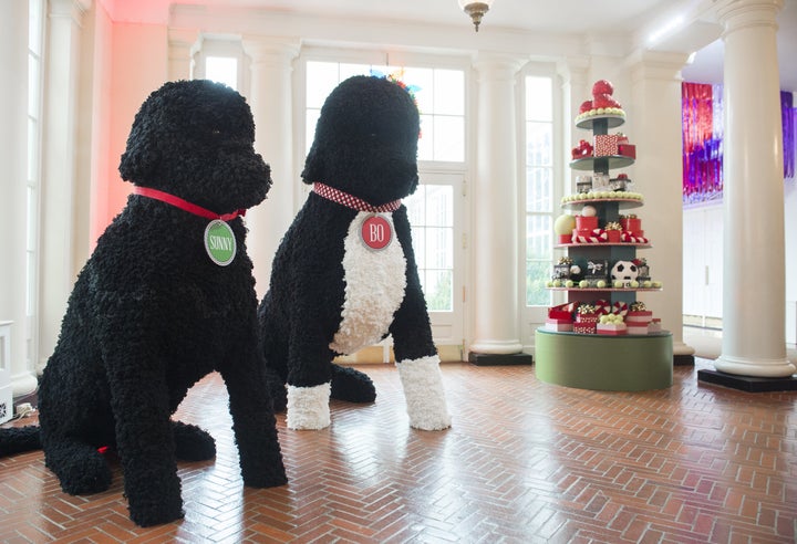 Replicas of the first family's dogs, Bo and Sunny<em>,</em> hang out in the East Wing.