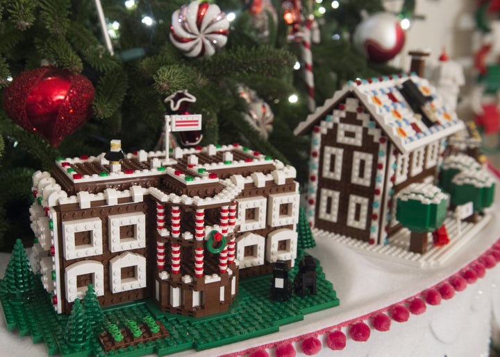 Holiday decorations include Lego houses from each state.