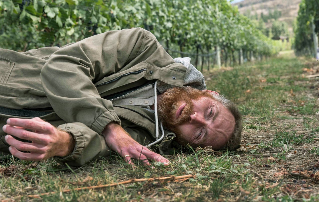 Vincent van Gogh lookalike Daniel Baker listening to the ground in the Pinot Noir vineyard at Martin’s Lane Winery in the Okanagan Valley, British Columbia.