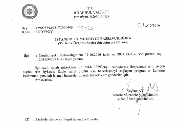 A letter by police chief Kayhan Ay to Istanbul Prosecutor’s Office about ByLock and suspects who downloaded ByLock on their phones. 