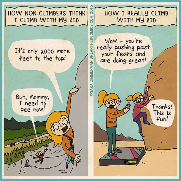 How non-climbers think I rock climb with my child versus the reality. UnearthedComics.com