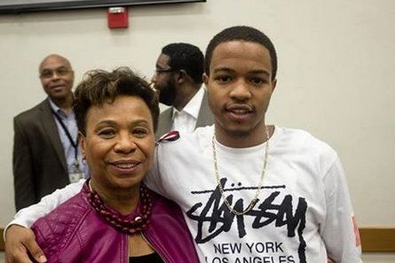 Rep. Barbara Lee (D-Oakland), left, and Roderick “Treyvon” Godfrey, right, at a town hall on gun violence earlier this year. Godfrey was killed in a shooting Monday morning in Oakland, Calif. while moving his car for street cleaning.