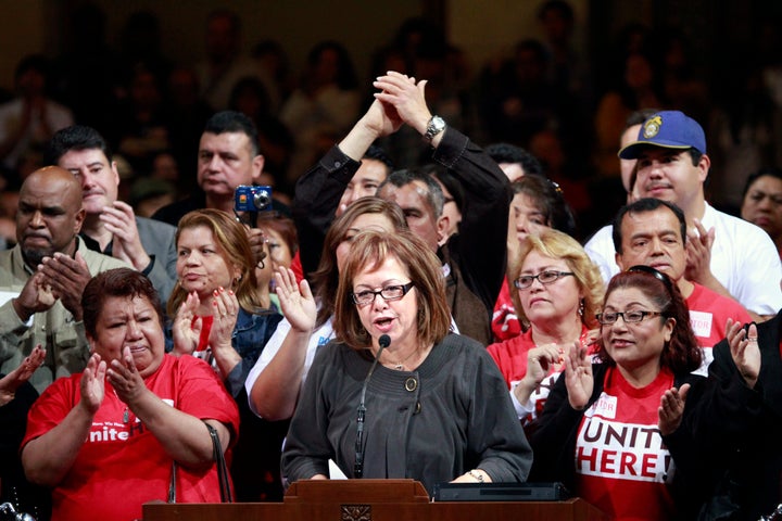 Maria Elena Durazo led a rally at Los Angeles city hall in 2010.