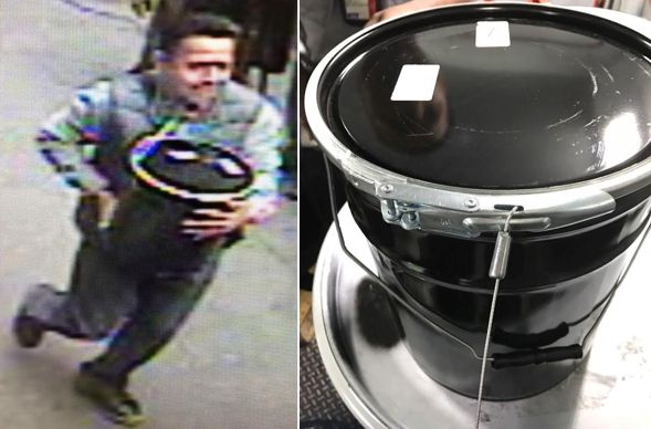 New York City police say this man (left) stole a bucket of gold (right) that's worth $1.6 million from the back of an armored truck on Sept. 29.