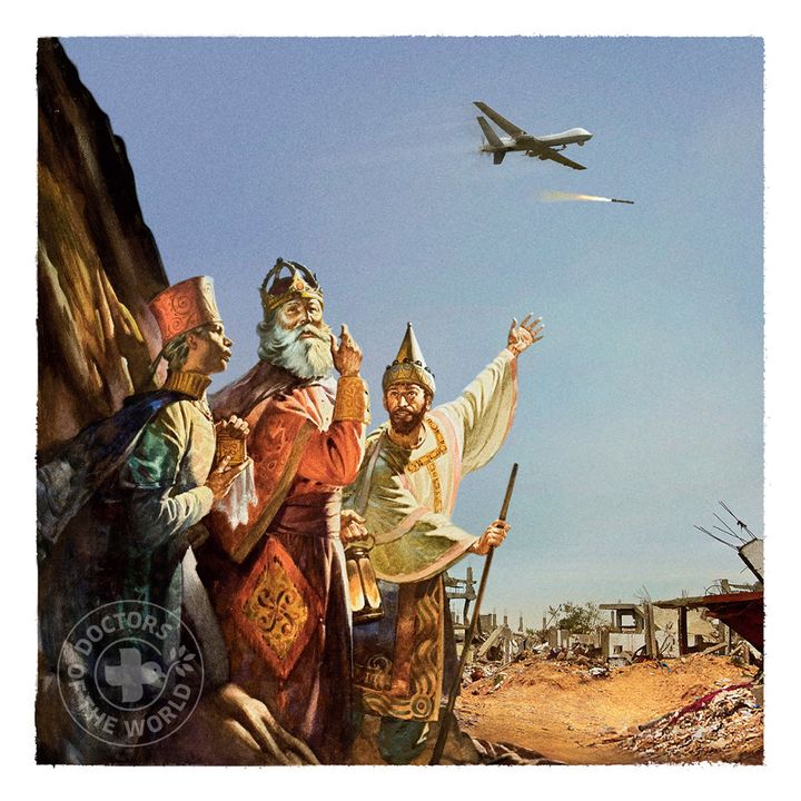 The Three Wise Men look up in the sky at a drone.