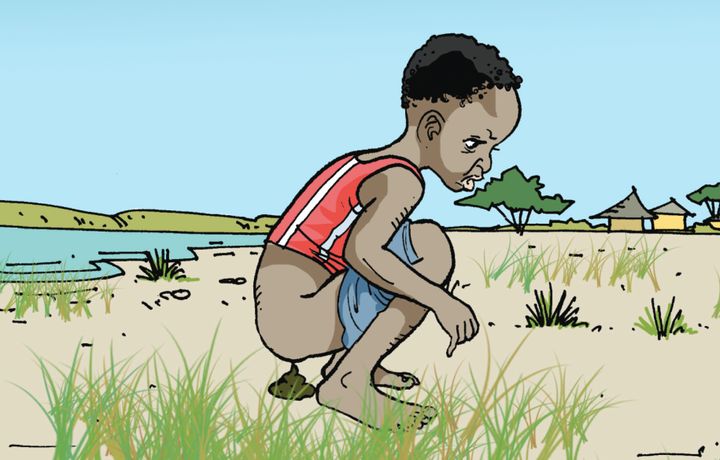 An image from pamphlets that Malaria Consortium volunteers use in Nampula, Mozambique, to educate people on neglected tropical diseases. Soil-transmitted helminth infections are transmitted by human feces contaminating soil in areas with poor sanitation.