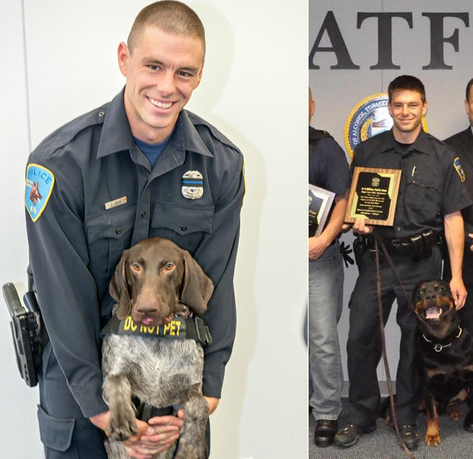 Colin Rose, a 29-year-old police officer (at left), poses with his two dogs, Wolverine and Clyde. Clyde was unable to attend Wednesday's memorial service.