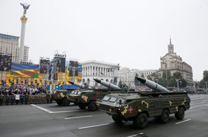 Ukrainian OTR-21 Tochka-U mobile missile launch systems drive during Ukraine's Independence Day military parade in central Ki
