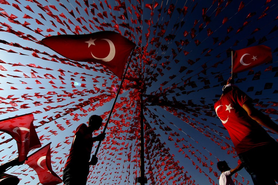 People gather to protest against the failed coup in Turkey on Aug. 7, 2016.