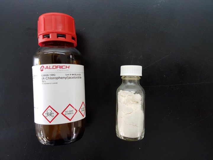 Students in Australia used inexpensive starting materials (left) to make a sample of pyrimethamine (right).