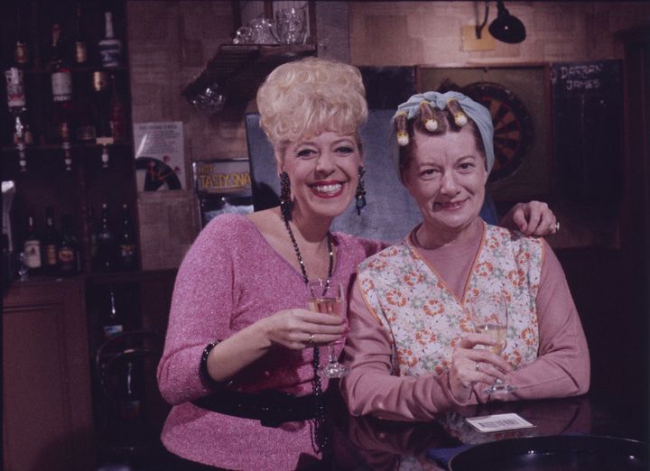<strong>In character with Julie Goodyear, as Hilda and Bette</strong>