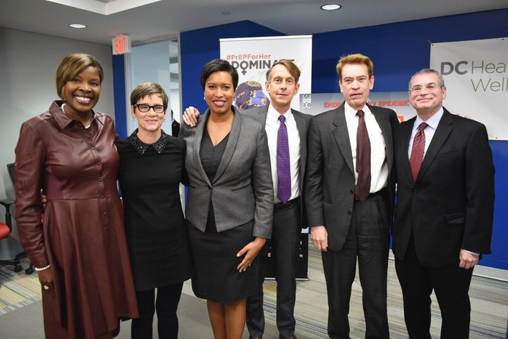 From left to right, Dr. LaQuandra Nesbitt, Nancy Mahon, D.C. Mayor Muriel Bowser, Channing Wickham, Walter Smith and Michael Kharfen launched the 90/90/90/50 plan on Thursday.