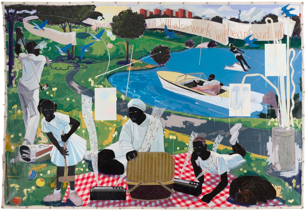 Kerry James Marshall, "Past Times," 1997, Acrylic and collage on canvas, 9 ft. 6 in. × 13 ft. Metropolitan Pier and Exhibition Authority, McCormick Place Art Collection, Chicago.