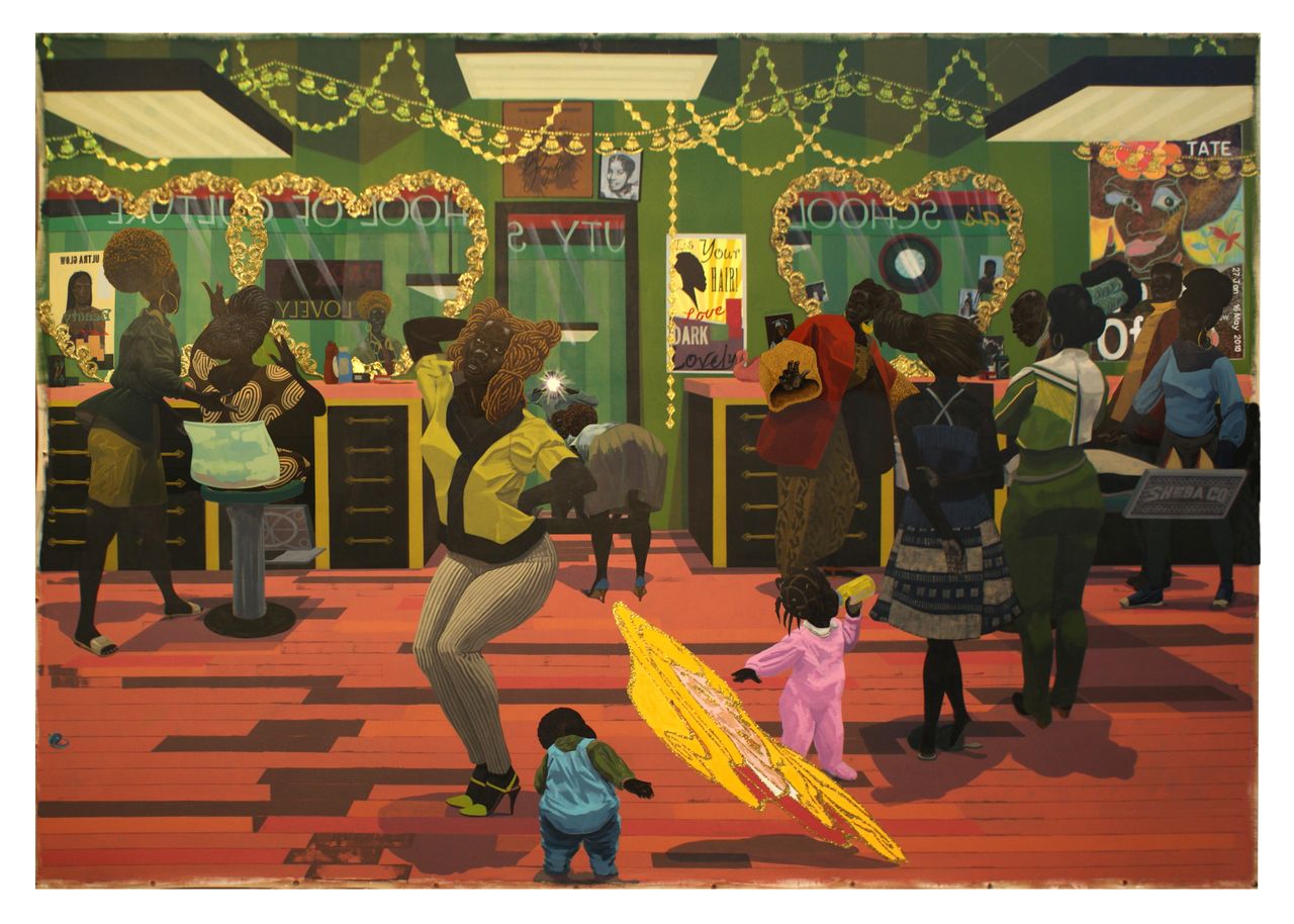 Kerry James Marshall. "School of Beauty, School of Culture," 2012. Acrylic and glitter on canvas. 8 ft. 11 7/8 in. × 13 ft. 1 7/8 in. Birmingham Museum of Art, Museum purchase with funds provided by Elizabeth (Bibby) Smith, the Collectors Circle for Contemporary Art, Jane Comer, the Sankofa Society, and general acquisition funds.