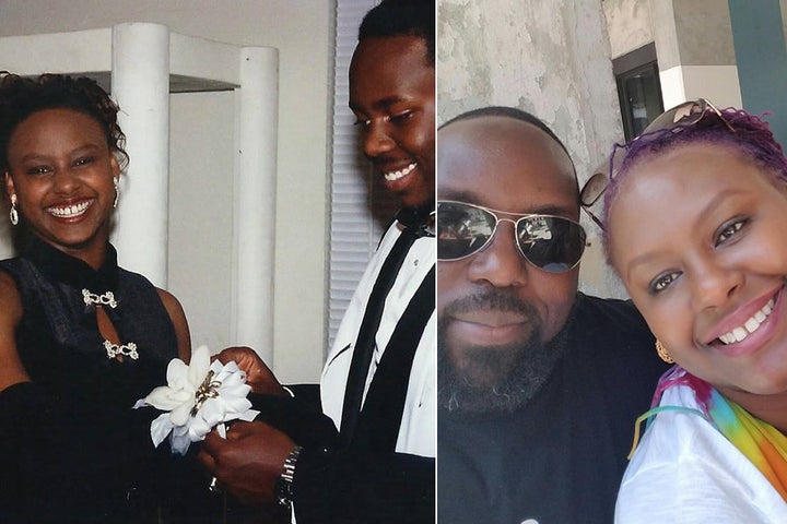 On the left, a photo of Dawn-Maia and Jason on prom night. On the right, a recent photo of the couple.
