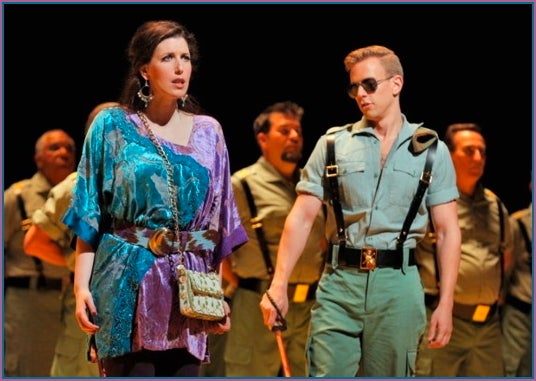 Ellie Dehn (Micaëla) and Edward Nelson (Moralès) in Carmen. San Francisco Opera.