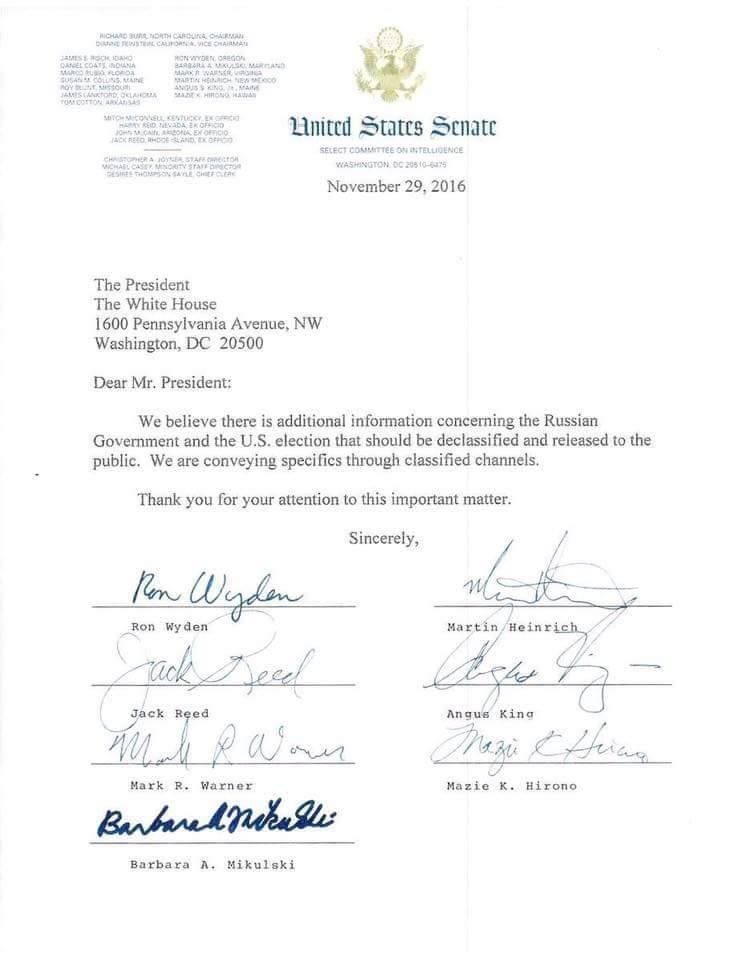Seven members of the Senate Intelligence Committee ask President Obama to declassify information relating to the Russian gove
