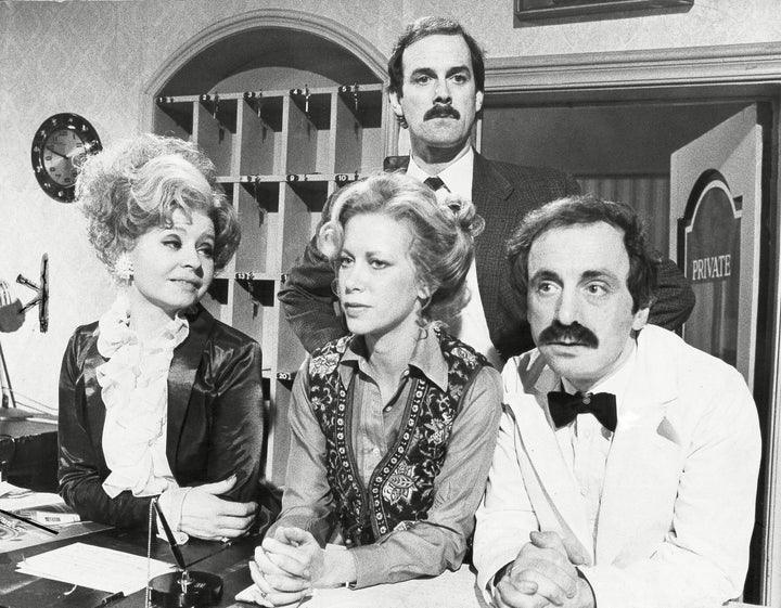 The cast of 'Fawlty Towers' (L-R) Prunella Scales Connie Booth John Cleese And Andrew Sachs.