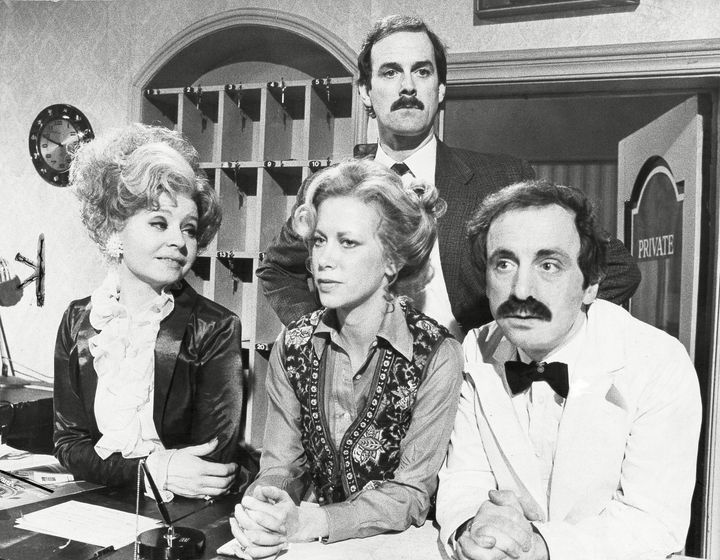 The cast of 'Fawlty Towers' (L-R) Prunella Scales Connie Booth John Cleese And Andrew Sachs.