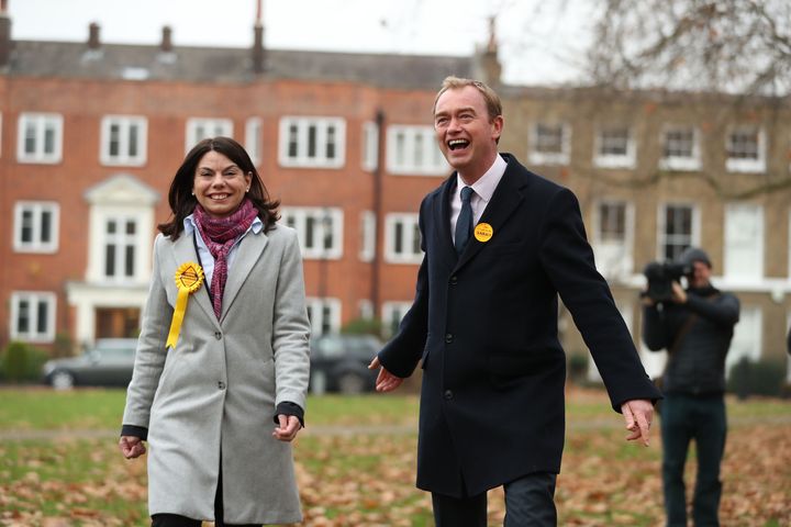 <strong>Liberal Democrats leader Tim Farron and MP Sarah Olney greet supporters after her Richmond Park by-election win </strong>